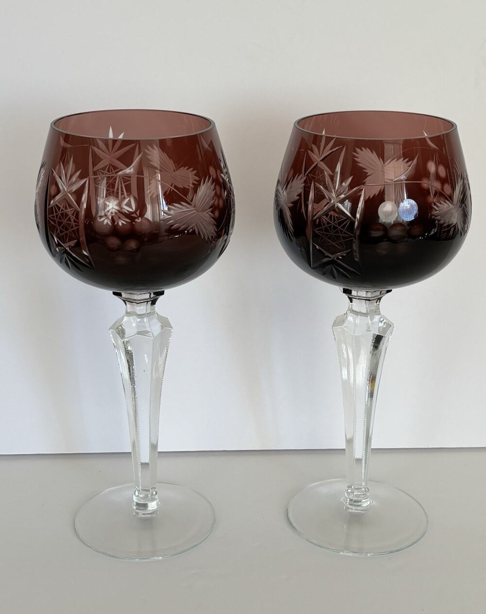 Vintage Amethyst Bohemian Cut Crystal Wine Hocks/Goblets 8”
